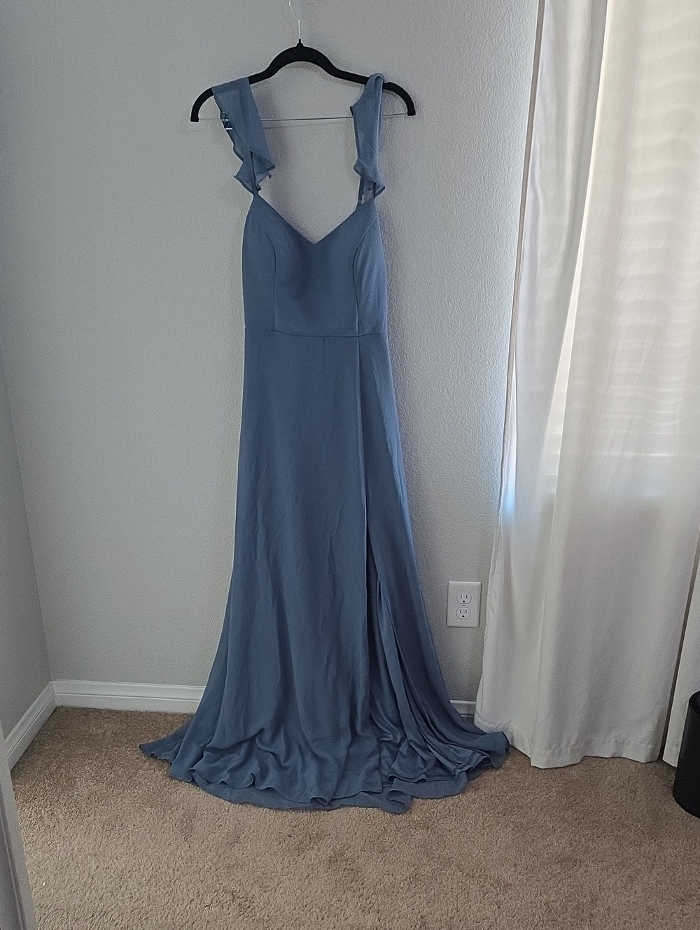 Bill Levkoff Dusty Blue Ruffle Strap Maxi Gown
